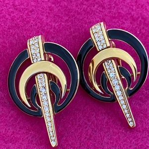 Vintage ART DECO Black Enamel, Gold and Swarovski  Crystal Earrings
